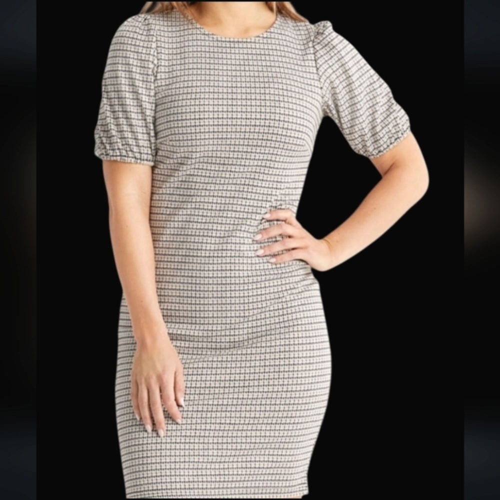 b.young Houndstooth Plaid Puff Short Sleeve Dress Byrydra Black Cream Tan Med